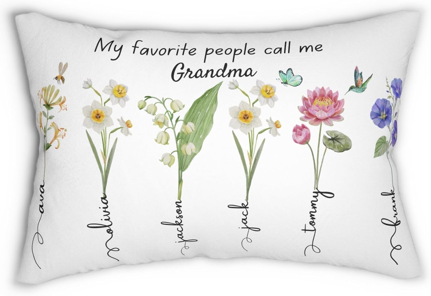 Custom Gift for Grandma or Mama with Grand Children or Kids Names & Birth Flowers Personalized Pillow Present for Grandmother for Birthday Mother’s Day Thanksgiving Christmas from Grandkids