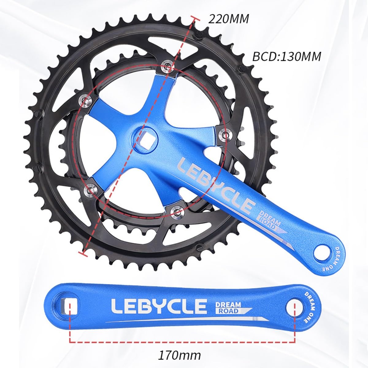 Koło łańcuchowe 170 mm z rozstawem osi 130 mm, podwójna taca 53/39 zębów, ze stopu obrabianego CNC.