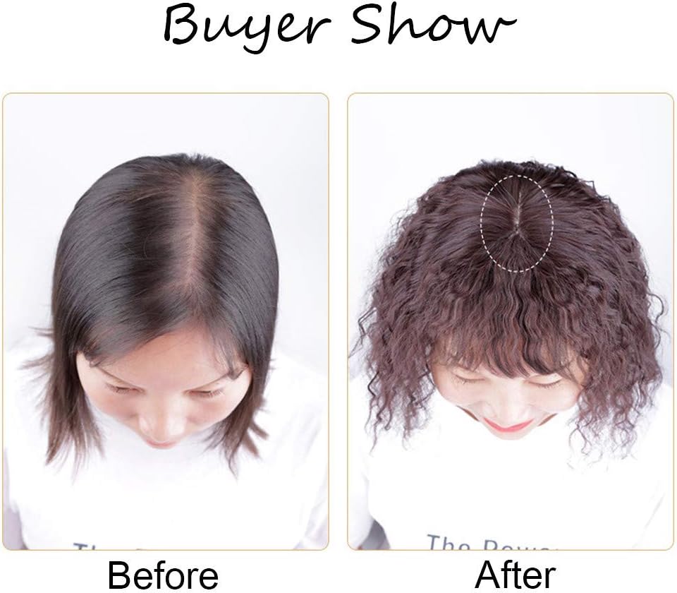 Middle Part Forehead Supplement Nature Curly Hair Topper One Piece Clip in Toupee with Messy Bangs 25cm Dark Brown - Image 4