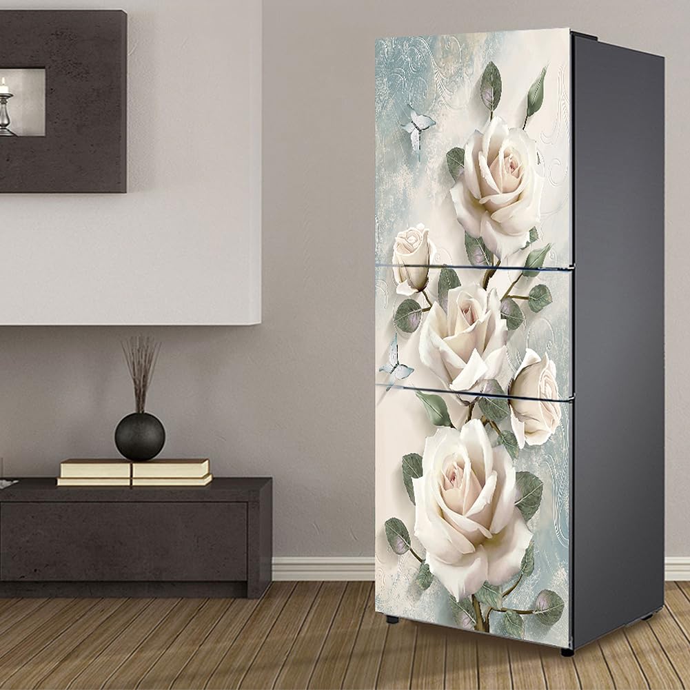 Fridge Stickers, Fridge Sticker Full Covering Door Covers Skins Wall Stickers for Kitchen Decal, White Peony Flower(M: 60x180 cm)