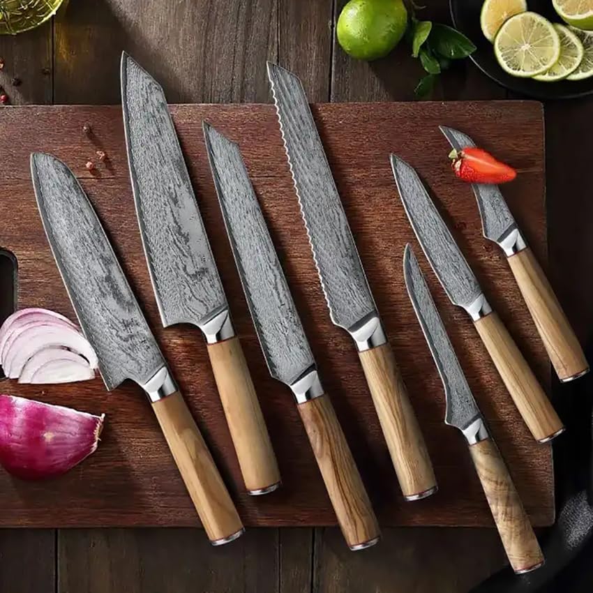 9-piece Damascus Knife includes Knife Sharpener and Knife Holder Kitchen Utensils Set Wood Handle Knife Set Knife Sets