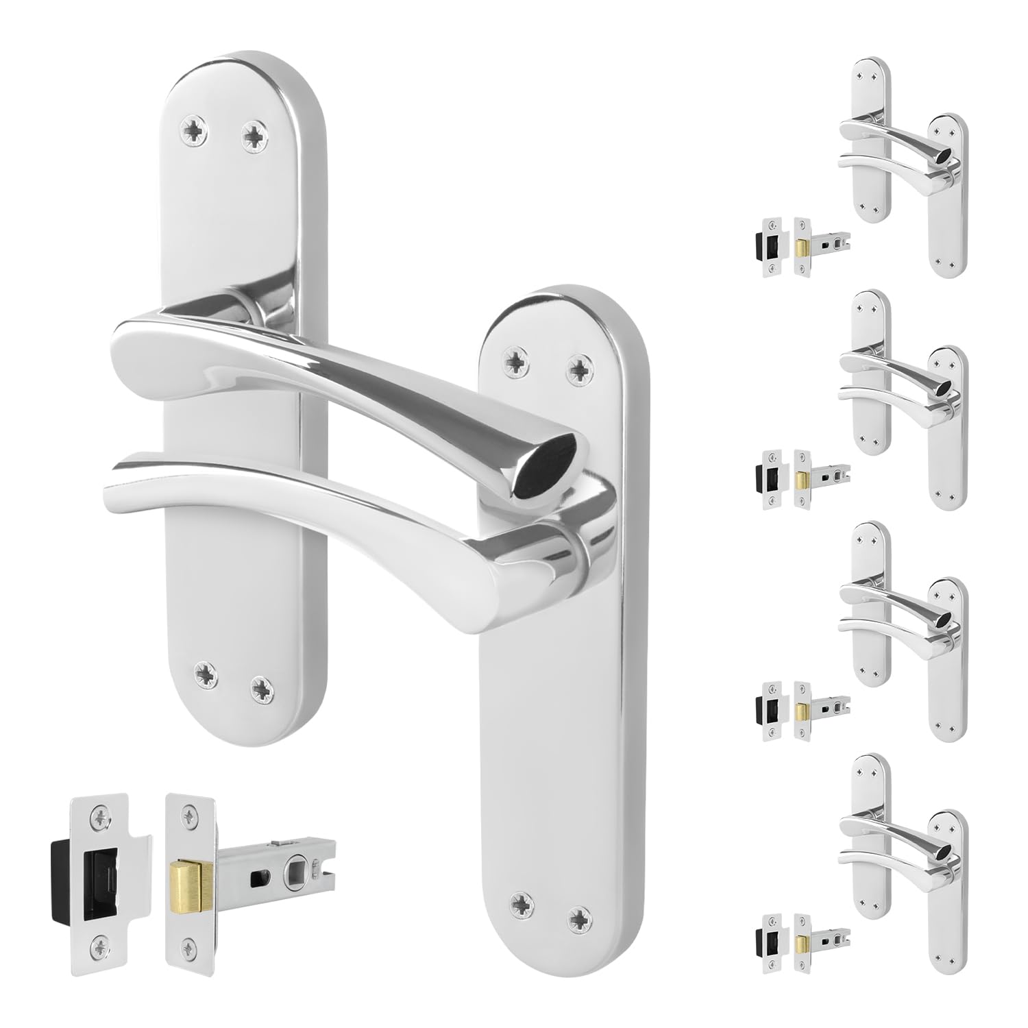EAI Chrome Door Handle Latch Set, 5 Pairs of Polished Chrome Internal Lever T-Bar Handles Backplate Latches 64mm - Novoli
