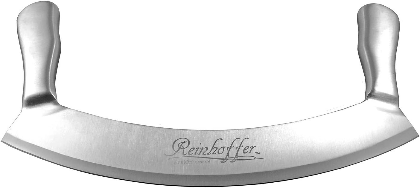 Mezzaluna Knife & Pizza Cutter Rocker - 12 Inch (30.5 cm) Stainless Steel Double Handle Crescent Chopper Blade - Vegetable, Salad & Herb Mincer, Slicer, & Dicer - Premium Quality Kitchen Tool