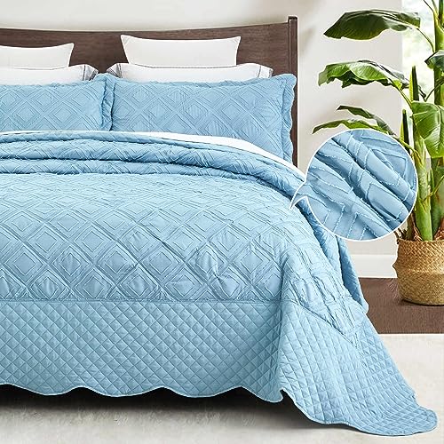 Blythease Oversized King Bedspread, Tufted Jacquard Diamond Pattern, Shabby Chic Boho Bohemian Look, Lightweight, 3 Piece, Peacock Blue