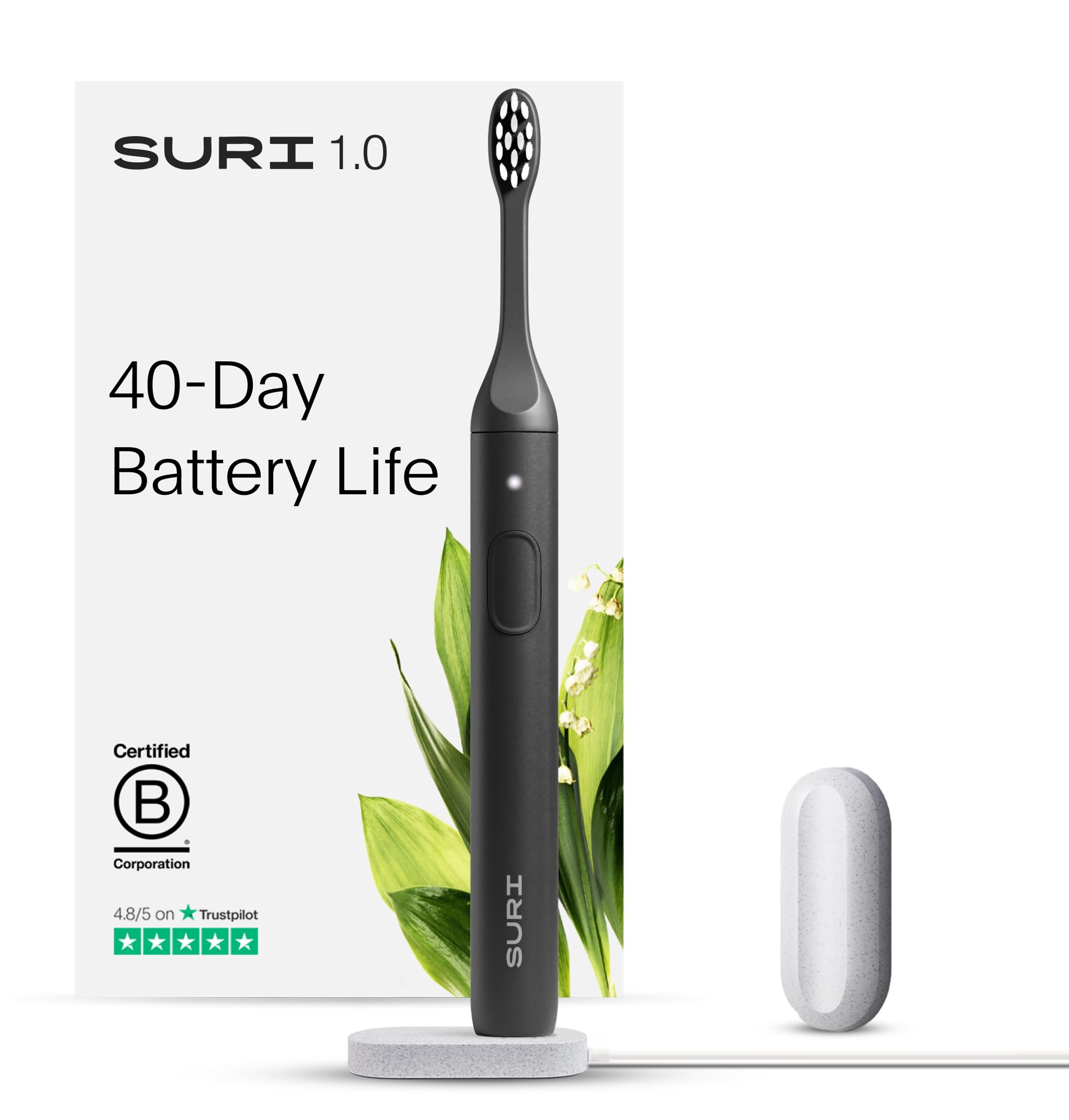 SURI 1.0 Sonic Electric Toothbrush | 1 Month+ Battery | UK’s No.1 Rated | Sustainable Electric Toothbrush Adults | Travel Tooth Brush | Sonic Toothbrushes | Black