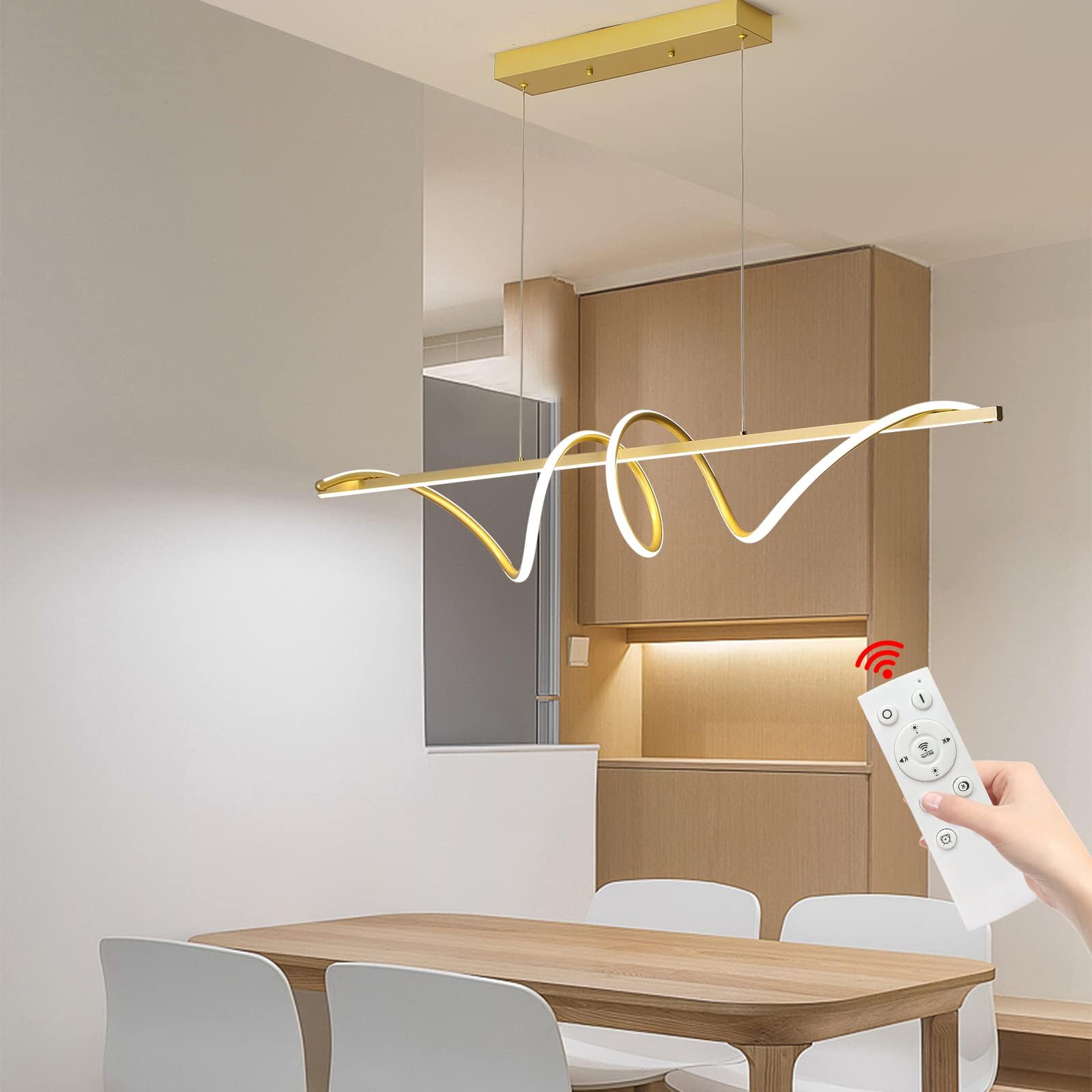Mikeru 100CM Modern Dining Light, Gold Simple Pendant Lights Remote Control Dimmable Linear Chandelier 10% to 100% 3000/4500/6000K Ceiling Lighting for Living Room, Bedroom (Without Batteries) — image 1