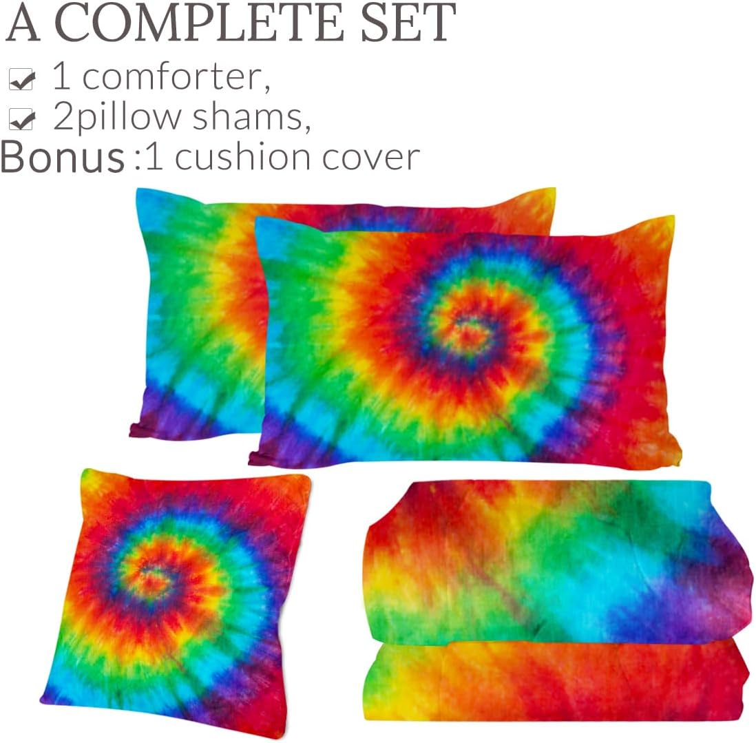 Sleepwish Rainbow Tie Dye Comforter Set Twin Size Colorful Boho Bedding Trippy Hippie Quilt Set 4 Piece with 2 Pillow Shams, 1 Cushion Cover