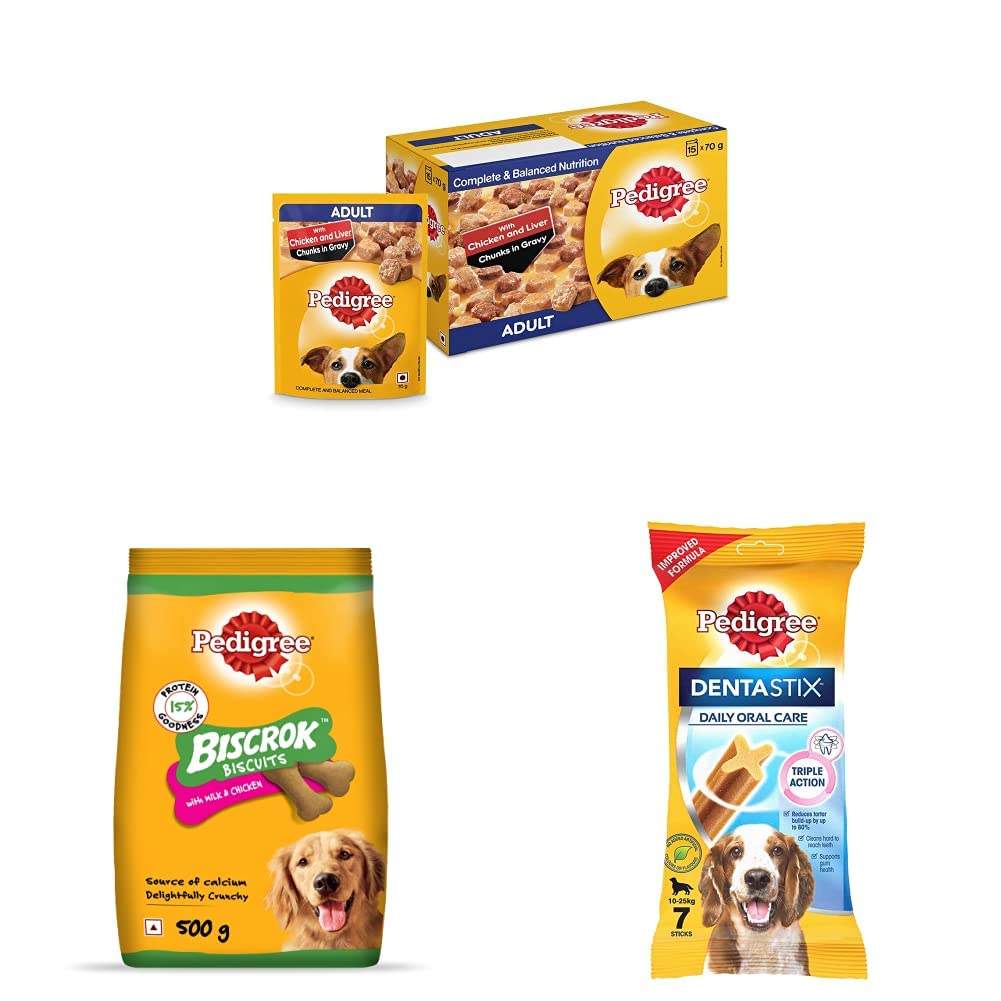 Pedigree Adult Wet Dog Food, Chicken & Liver Chunks in Gravy, 70 g& Biscrok Biscuits Dog Treats, Milk and Chicken Flavor, 500g Pack & Dentastix Medium Breed Oral Care Dog Treat (7 Sticks) 180g (B08L87ZJTD) Amazon Price History, Amazon Price Tracker