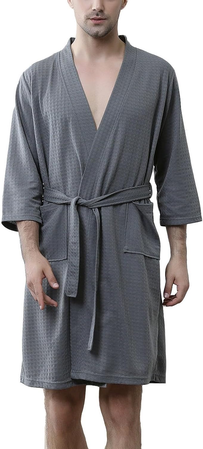 Lu's Chic Men's Waffle Kimono Robe Lightweight Spa Bathrobe Pockets Turkish Hotel Nightgown