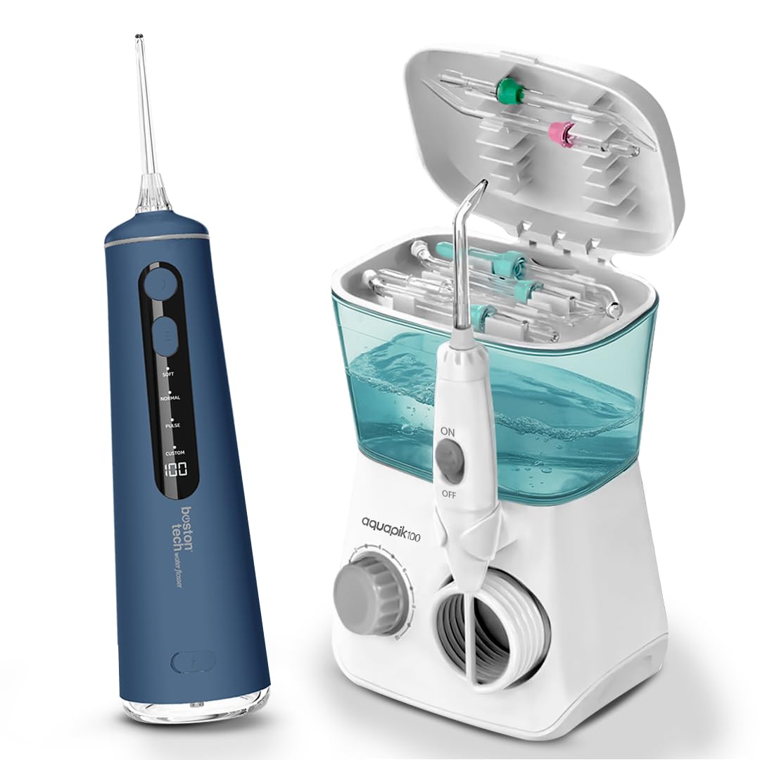 Compra Inteligente: Irrigador dental Sobremesa + Portátil en un Pack | Ahorra y Cuida Tu Salud Bucal en Casa y Viaje | Boquillas, Modos, Recargable | Aquapik Duo