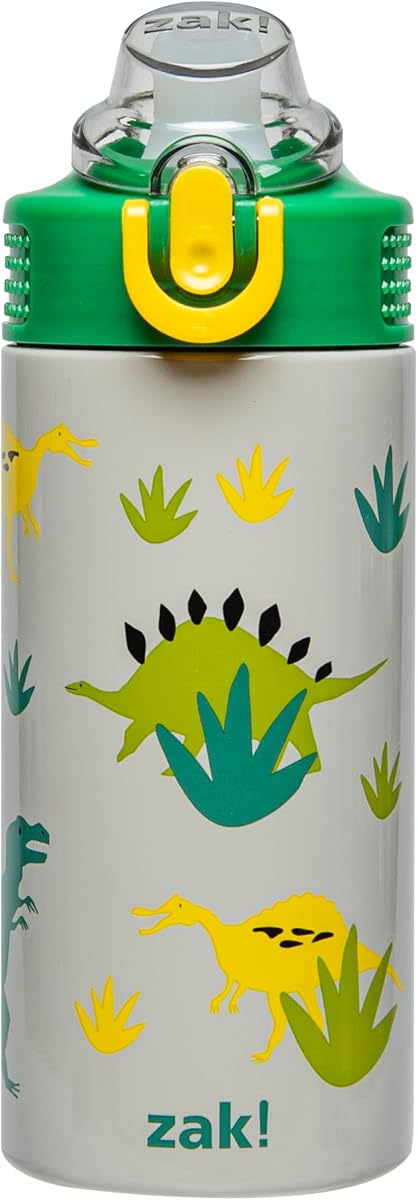 Zak Designs Dinosaur Sage 14oz Leak-Proof Straw Kids Water Bottle | BPA Free, Insulated Stainless Steel, Cupholder Friendly, Dishwasher Safe, Easy to Clean, Lid Lock, For School, Home, Travel