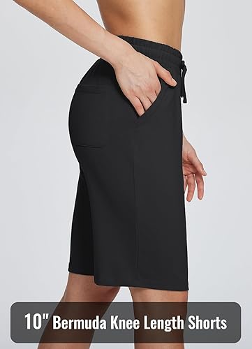 Miniatura 3 de baleaf Bermudas de algodón para mujer, pantalones cortos largos de 10 pulgadas de largo hasta la rodilla, holgadas, con cordón en la cintura