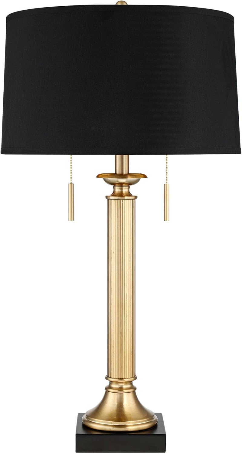 Possini Euro Design Wynne 30" Tall Large Traditional Glam Luxe End Table Lamps Set of 2 Dual USB Ports Gold Metal Linen Black Shade Living Room Charging Bedroom Bedside Nightstand House Office Home