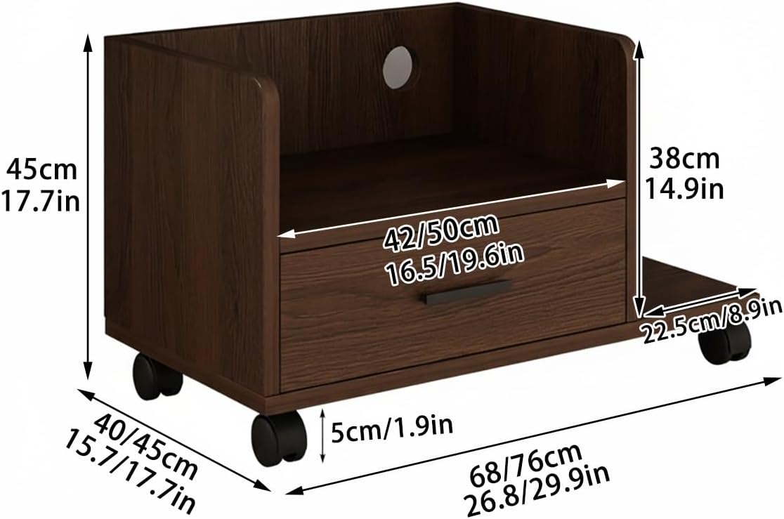 Under Desk Printer Stand with Storage Drawer and Shelves, Rolling Printer Organizer, 3 Compartments, Thickened Panel Cart, for Home Office(Brown,26.8 * 15.7in)