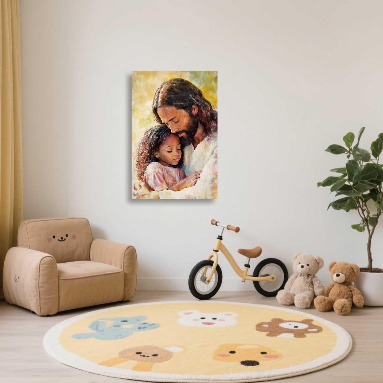 ZSHARTSWD Christian Wall Art Jesus Holding Black Little Girl Canvas Prints Religious Bible Story Pictures God Painting for Baby Girl Room Home Decor Framed (Yellow, 18L x 12W)