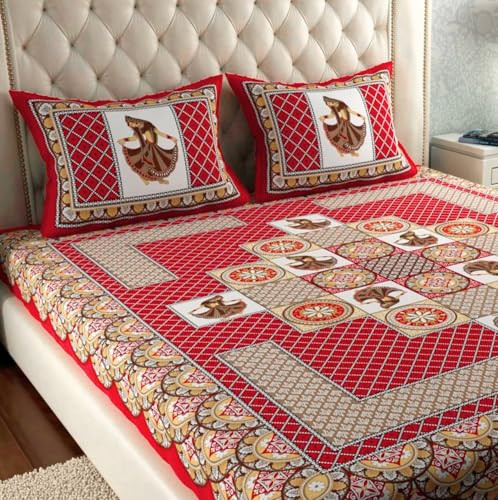 Image of JAIPUR PRINTS 100% Cotton Rajasthani Jaipuri Traditional Floral King Size Double Bedsheet with 2 Pillow Covers - Multicolor, 180-200 tc (Red G, Double)