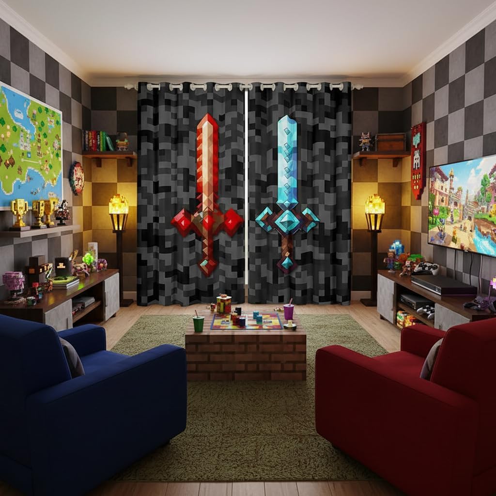 Castle Fairy Red Blue Sword Bedroom Decor Curtains,Sandbox Building Games Window Curtain,Kids Teens Pixelated Style Swords Window Treatment Grey Black Camo 30-50% Blackout Drapes 2 Panels,38Wx54L