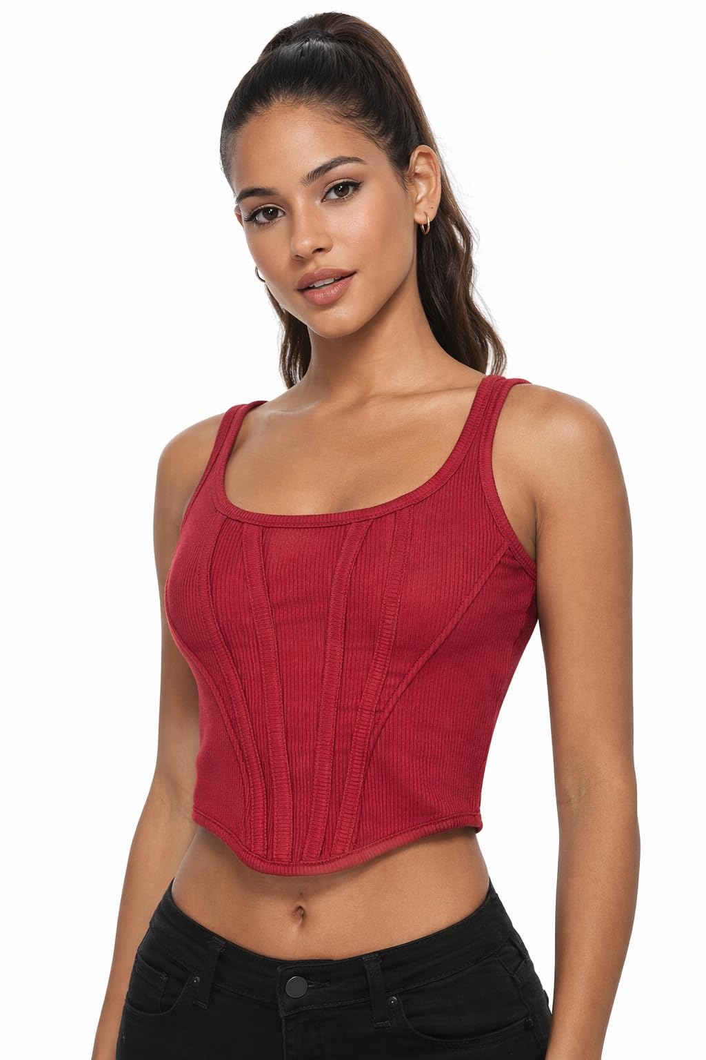 ritz era Women's Ribbed Corset Crop Top, Square Neck, Sleeveless, Fitted Style-picture-11