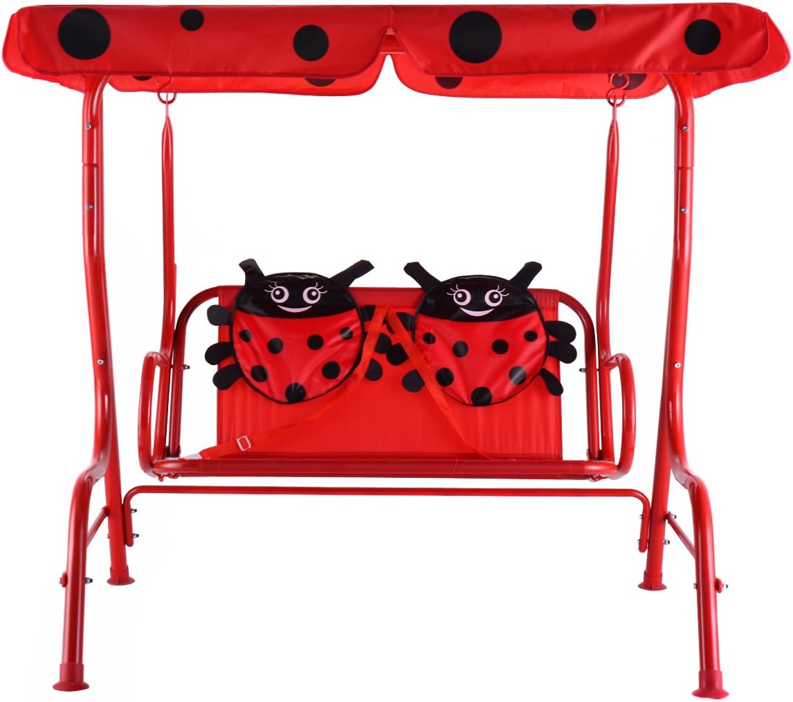 Happygrill Mini Patio Swing 2 Seats Porch Swing with Safety Belt Outdoor Lounge Chair Hammock with Canopy for Kids, Red