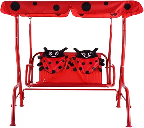 Miniatura 5 de Happygrill Mini columpio para patio de 2 asientos con cinturón de seguridad, hamaca para exteriores con toldo para niños, color rojo