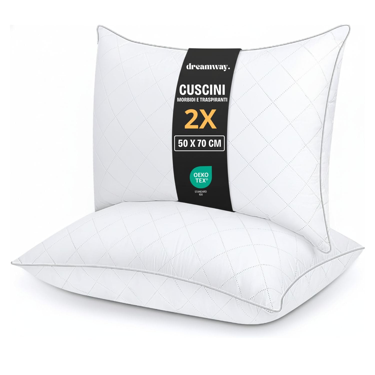 DREAMWAY - Set di 2 Cuscini 50x70cm, Cuscino in Microfibra Morbidi, Ipoallergenici, Lavabili, Qualità Hotel, Ideali per Chi Dorme di Lato e sulla Schiena, Cuscini Traspiranti e Morbidi