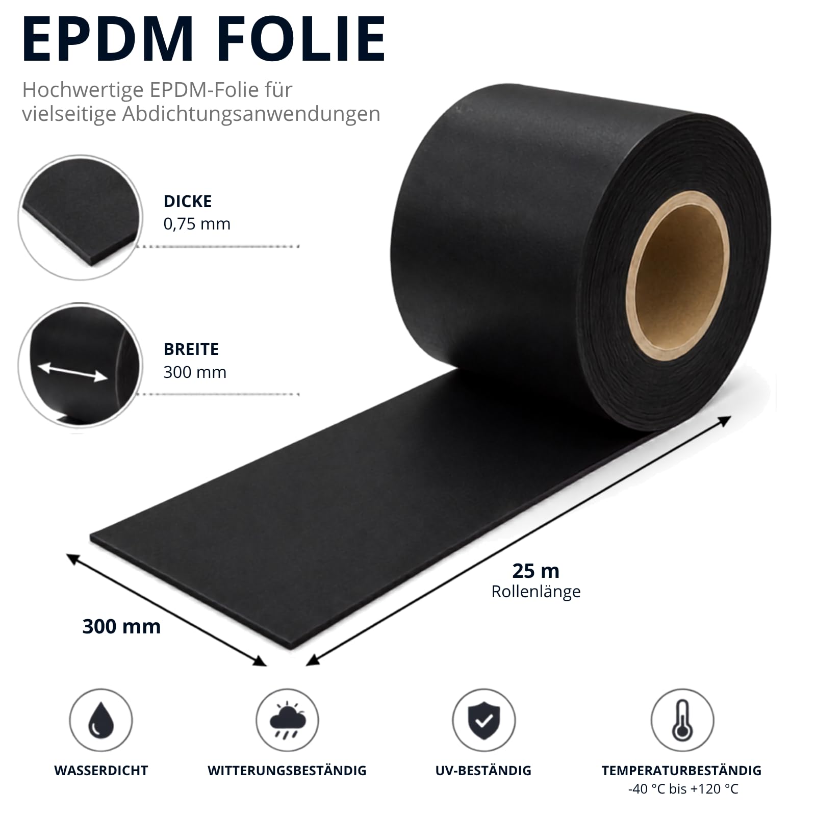 EPDM24 - Lámina de goma para estanque, impermeable, mampostería, 25 m, rollo (sin tiras de pegamento butilo, 300 mm x 0,75 mm)