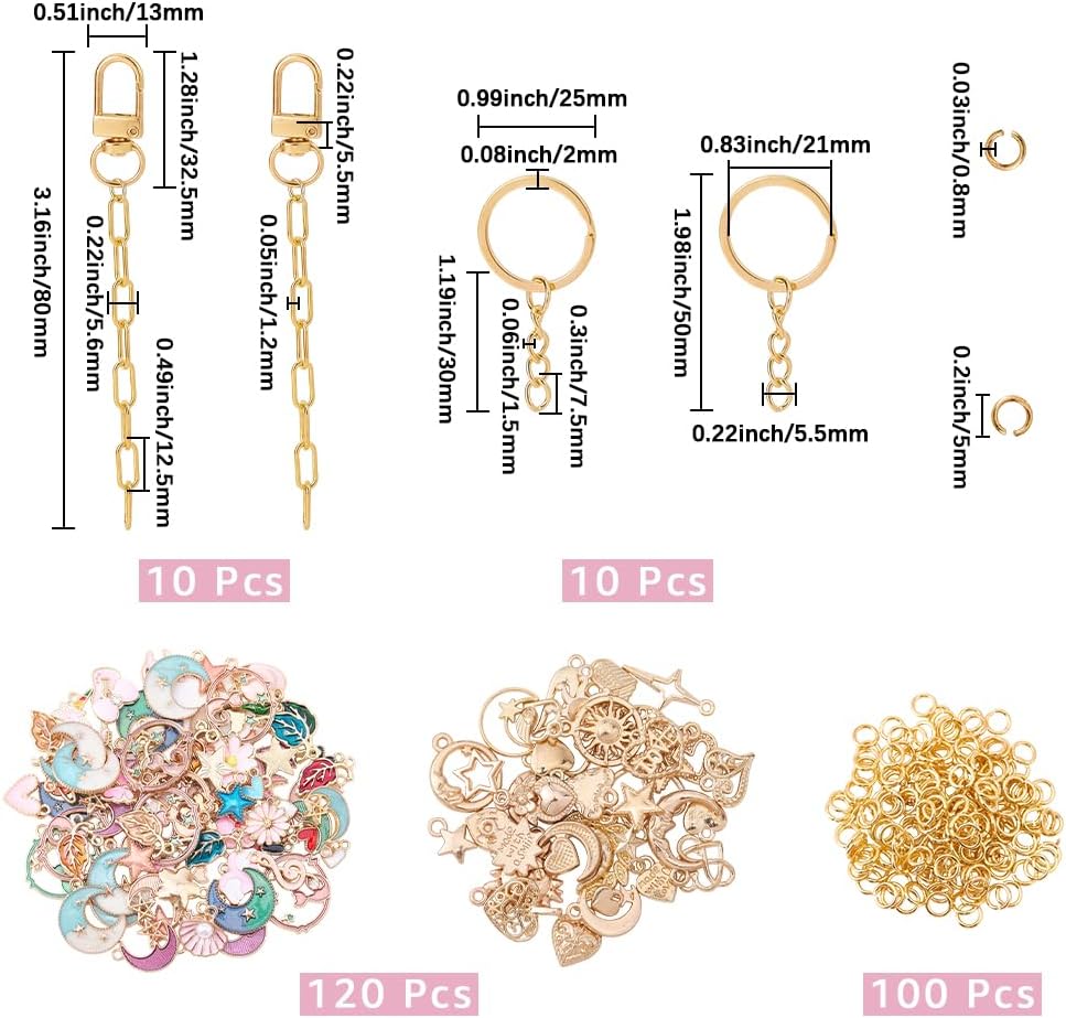 340Pcs Moon Lip Gloss Keychain Making Kit DIY Bag Charm Kit with Swivel Clasps Rings Enamel Alloy Colorful Heart Star Leaf Celestial Aesthetics for Keychains Purse Wallet Handbags Decor