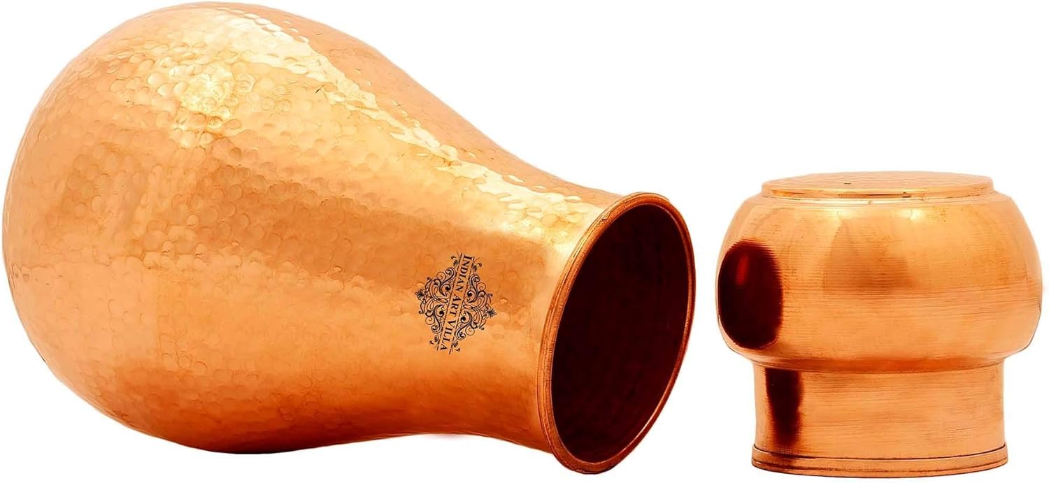 Indian Art Villa Hammered Finish Bedroom Copper Bottle with Inbuilt Glass Cup, Drink ware, Modern Design, 54 Oz