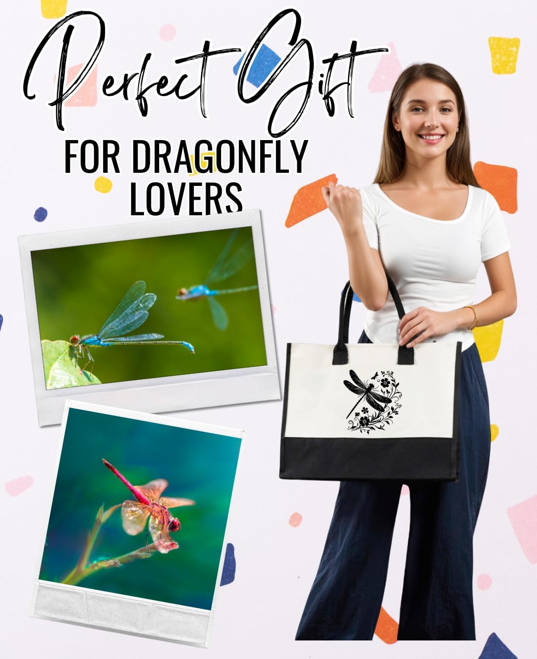 InnoBeta Dragonfly Gifts for Women, Canvas Tote Bag with Top Zipper Closure and Shoulder Strap - Image 4