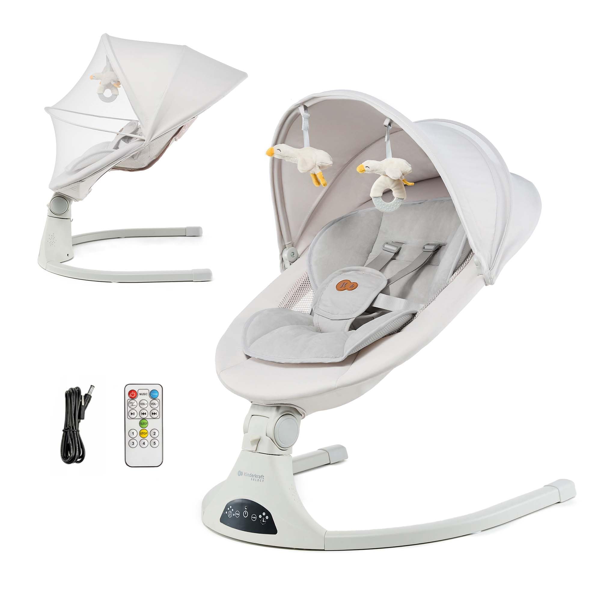 Kinderkraft TULSY Balancín eléctrico para bebé, 5 niveles de intensidad, silla saltante para bebés, 12 melodías preestablecidas, juguetes desmontables, ajustable, ligero, Bluetooth y USB, arnés de 5