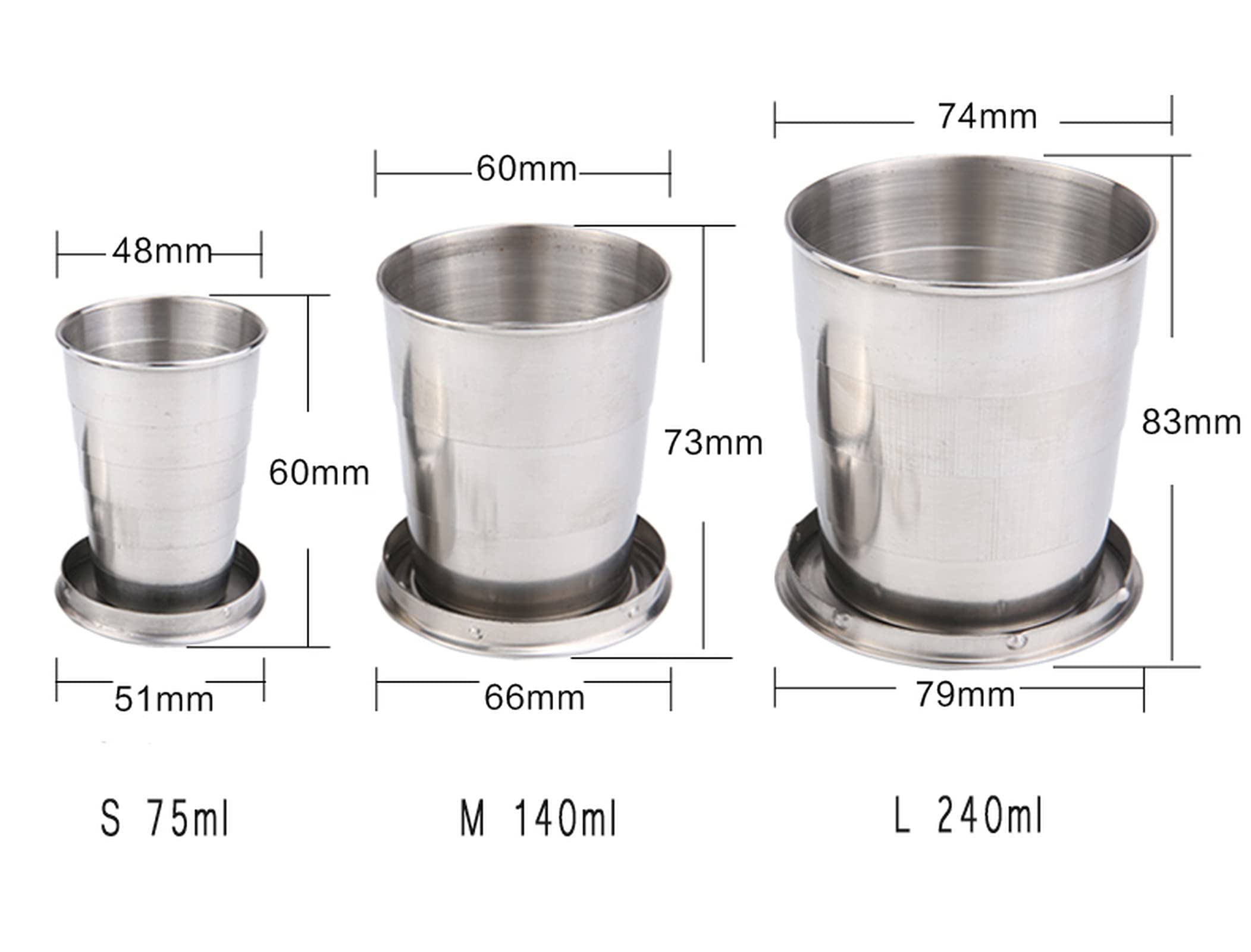 3 szt. 75 ml / 140 ml / 240 ml składany kubek ze stali nierdzewnej przenośny do podróży na zewnątrz chowane teleskopowe składane kubki składany kemping turystyczny kubek