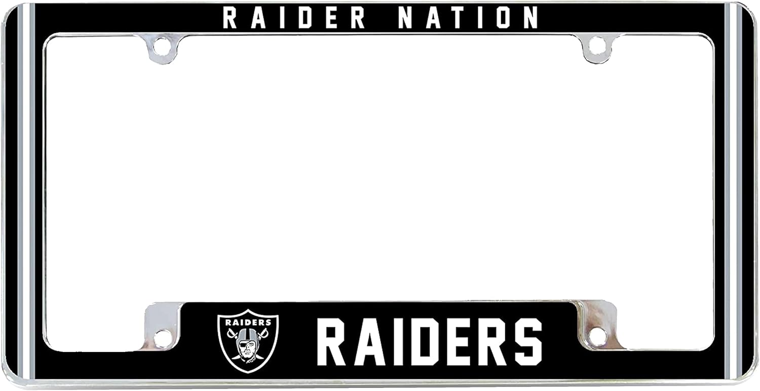 NFL Las Vegas Raiders “Raider Nation” Premium Full Color Long Lasting Zinc Alloy Chrome Plated Team License Plate Frame - 4 Screw Tag Holder with Highlighted Team Pride Cheer