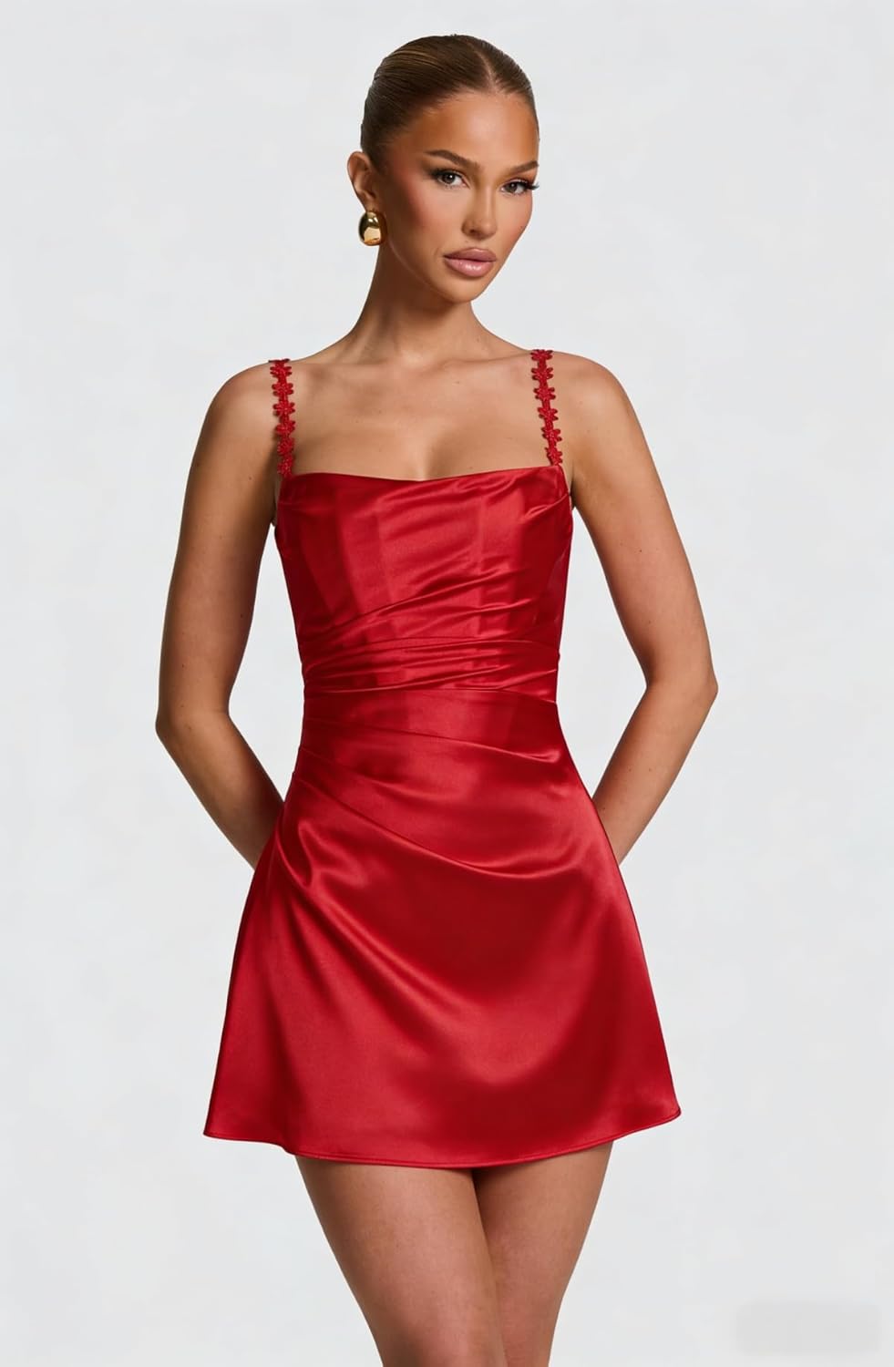 Satin Short Homecoming Dresses 2026 for Teens Flower Spaghetti Straps Pleated Mini Prom Cocktail Gown