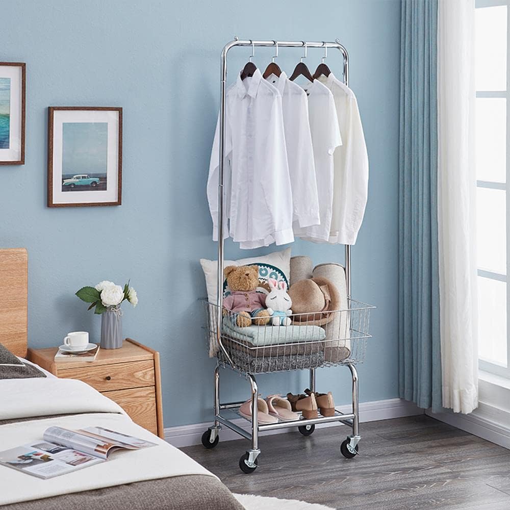 Yaheetech Rolling Laundry Bakset with Wheels, Laundry Cart with Hanging Rack, Metal Laundry Hamper Basket Butler Cart with Wheels and Wire Storage Rack, Silver