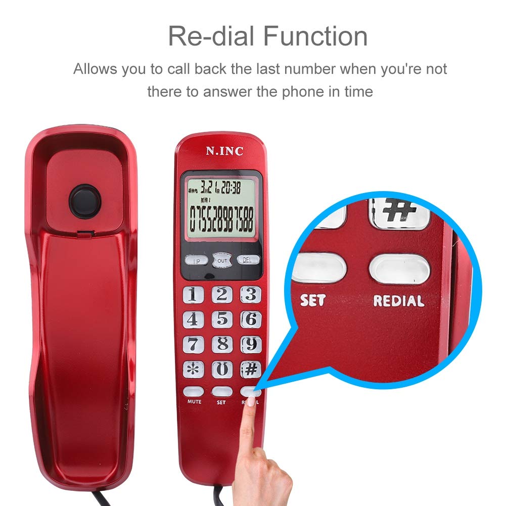 ASHATA Wandtelefon Schnurtelefon, LCD Schnurgebundenes Telefon FSK/DTMF Dual Anrufer ID Kompakttelefon,Multifunktion Schnurgebundenes Analog Telefon für Hause Büro usw.(Rot)