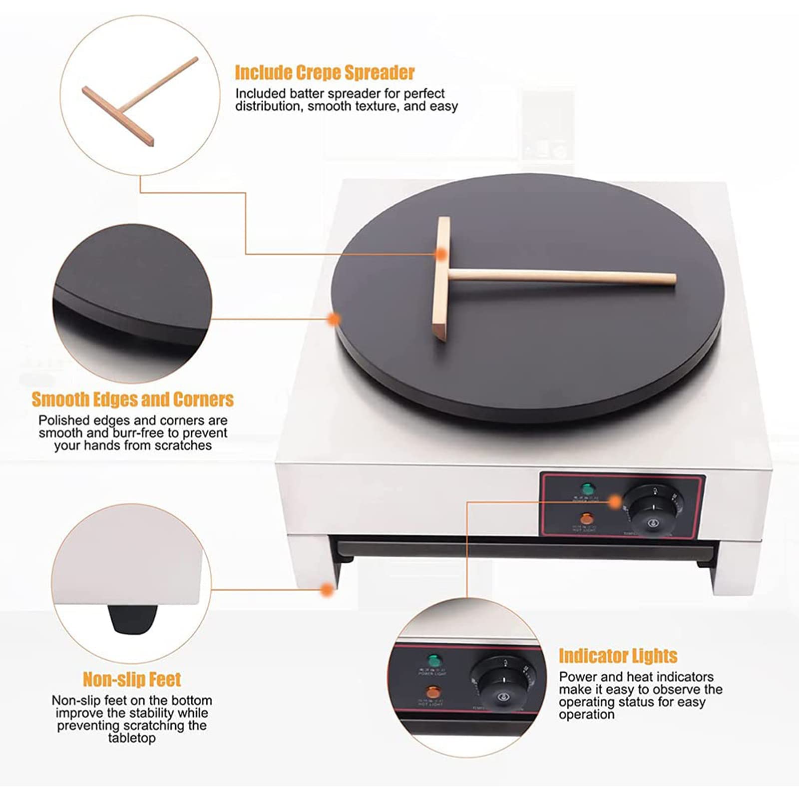2800w Machine à CrêPes éLectriques,Fabricant De CrêPe Commercial,avec des Assiettes en Fonte De 400 Mm,des Accessoires D'Ustensiles à Plaque Chauffants Cuisent éGalement des œUfs,220v