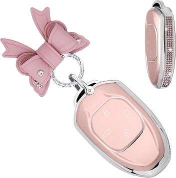 for Trumpchi Car Key Fob Cover Case Fit for Trumpchi Legend GS3 GS4 GS5 GS7 GS8 2025 2026 GM6 GM8 M8 Empow J11 J12 Bling Diamond Bowknot Keychain Key Holder Accessories 4 Button D Pink