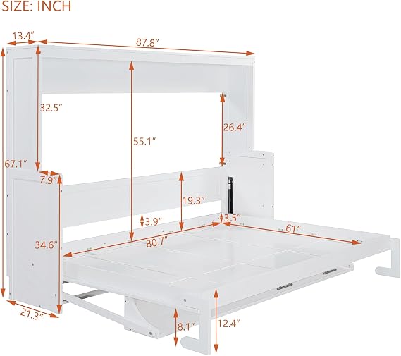Queen Size Murphy Bed with Hydraulic Lift & Desk Design, Wood Wall Bed Muti-Functional Designed for Guest Room Home Office (White/H, Queen)