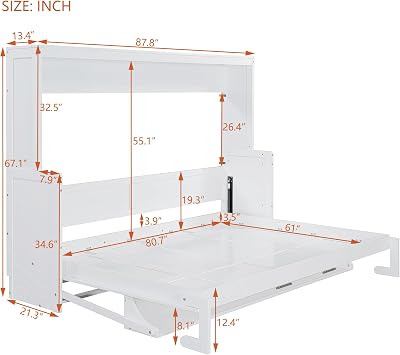 Queen Size Murphy Bed with Hydraulic Lift & Desk Design, Wood Wall Bed Muti-Functional Designed for Guest Room Home Office (White/H, Queen)