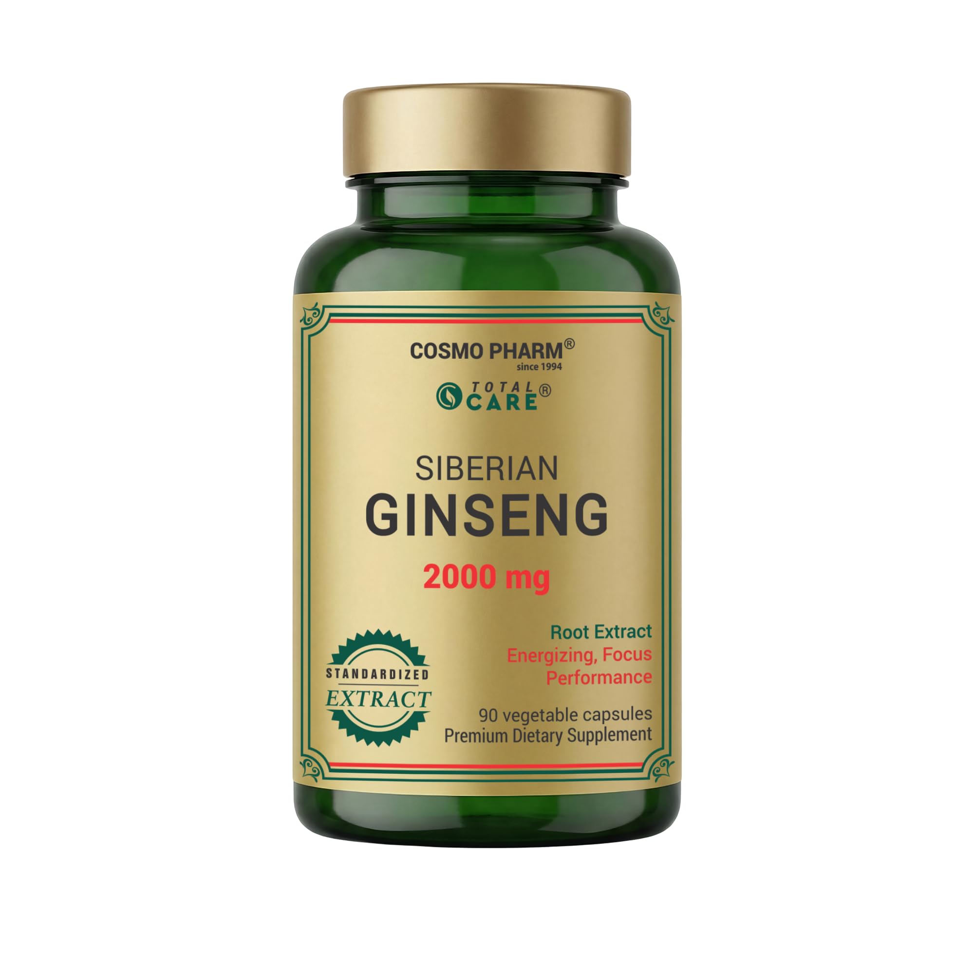 Siberian Ginseng 2000 mg - Standardized Extract from Eleutherococcus Root - 90 Vegetable Capsules - 1 Capsule per Day - Herbal Supplement