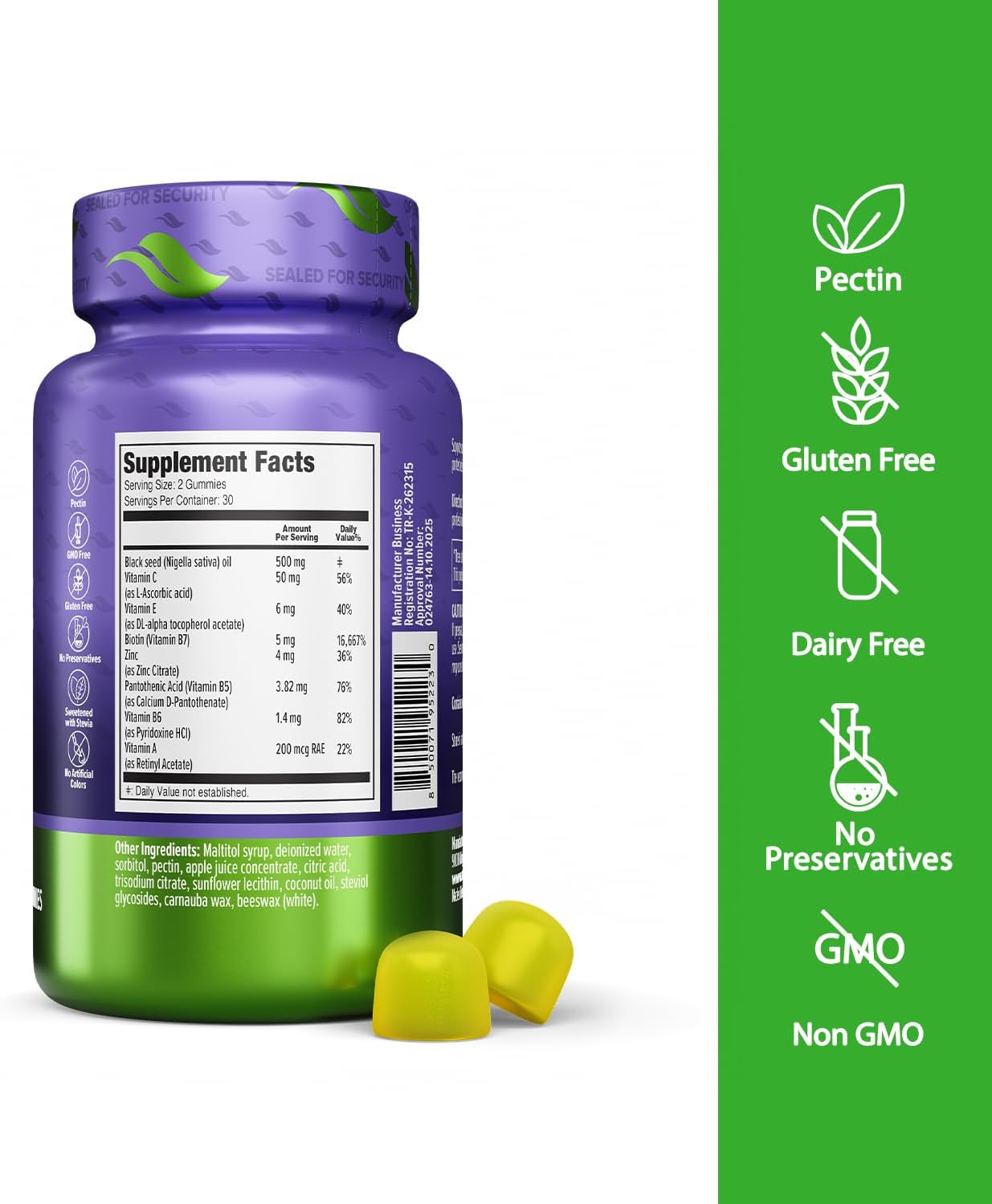 ORZAX Black Seed Oil HSN Gummies 500mg – Hair Skin Nails Support with Biotin, Vitamin C, A, E & Zinc – Pectin Based Gummy