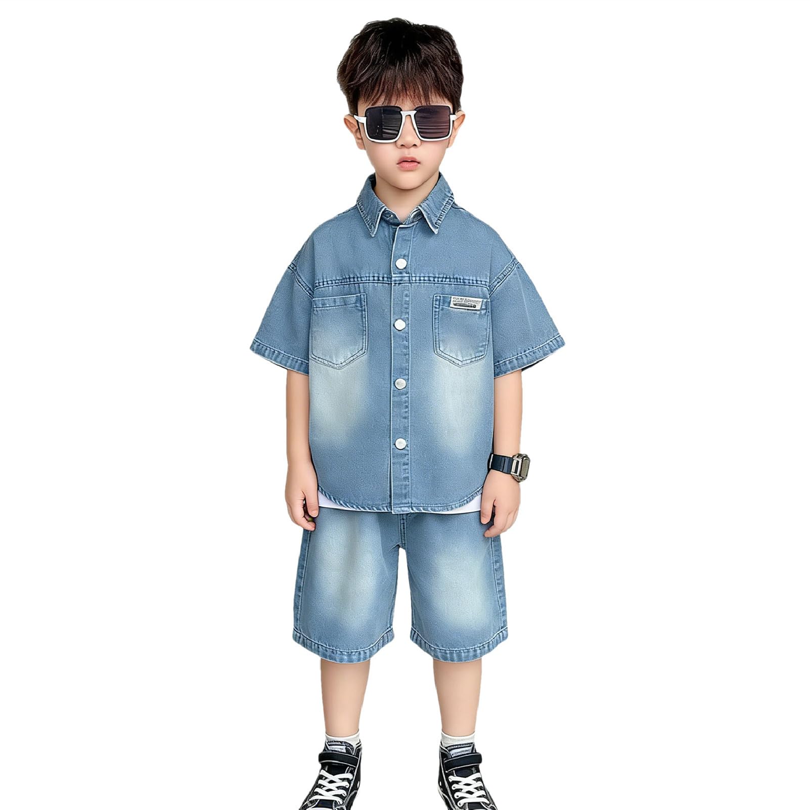 amropi Bambino Ragazzi Denim Maglietta a Maniche Corte + Canotta + Pantaloncini in Jeans 3 Pezzi Estivo Set per 2-9 Anni