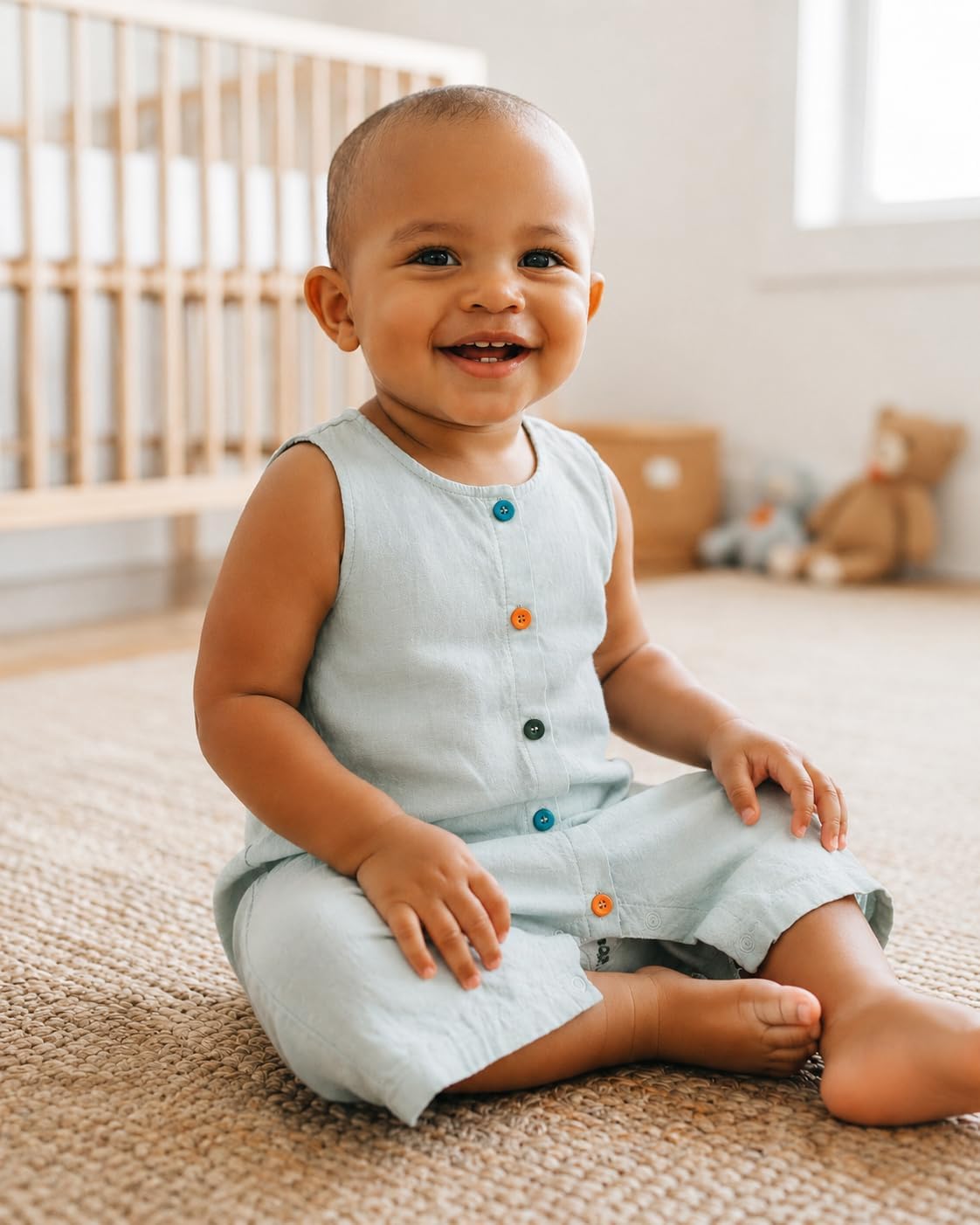 Organic Cotton UNISEX Baby Sleeveless Romper, Ivory and Turquoise