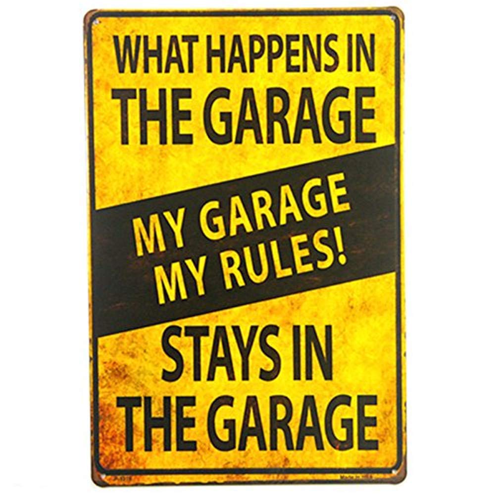 What Happens in The Garage My Garage My Rules Metal Wall Art, Humorous Workshop Sign, Rustic Man Cave Decor, Gift for Car Lovers or DIY Enthusiasts 8x12 Inch