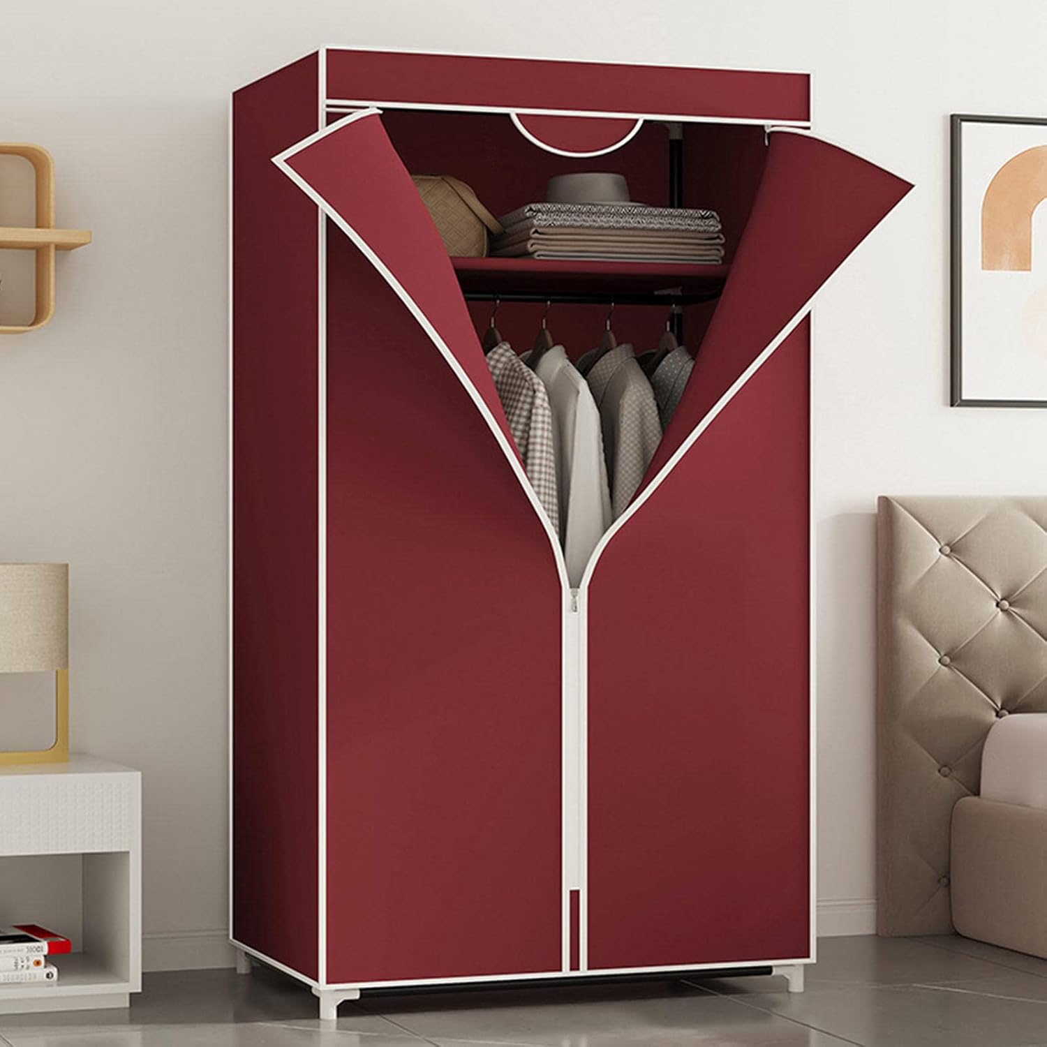 Wardrobe Canvas Wardrobe,Portable Wardrobe Shelves with Hanging Rail,Shelves,Fabric Cover,Clothes Closet Storage Organizer,Red-155x90x45