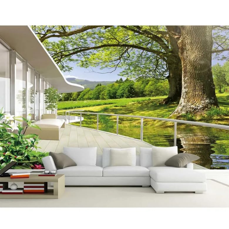 Papier peint panoramique salon paysage nature vert balcon trompe oeil fresco 250x175