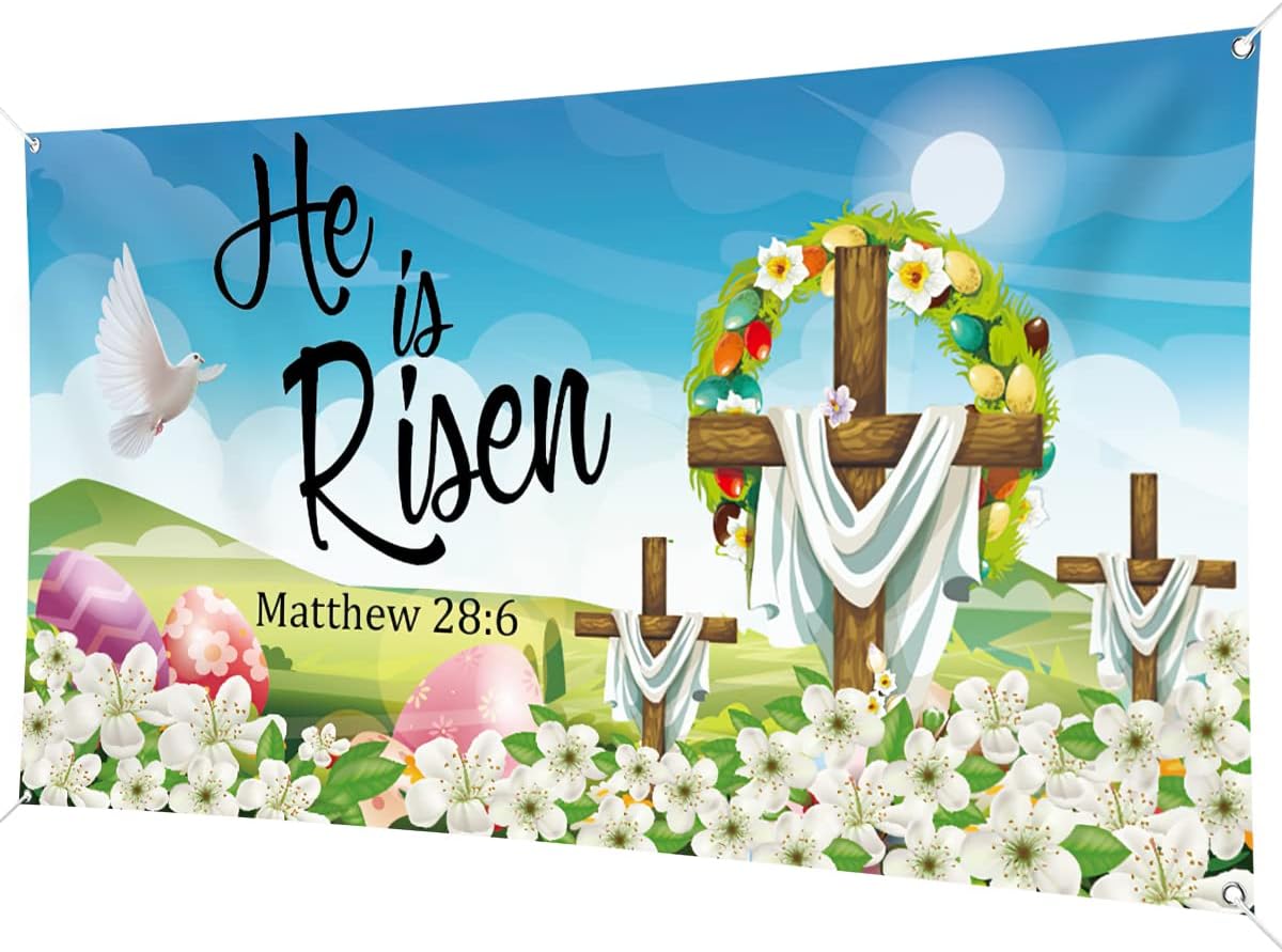 He is Risen Background Banner 78 x 43 Inch Large Size Happy Easter Banner Blue Background Banners Easter Day Party Decorations Supplies for Spring Party Decorations Celebration