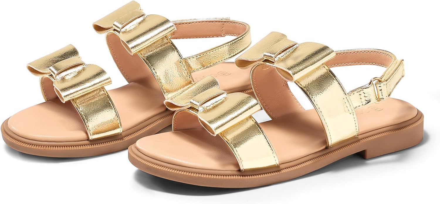 Coutgo Girls Bow Sandals Open Toe Ankle Strap Flat Sandals Flower Girl Party Dress Shoes