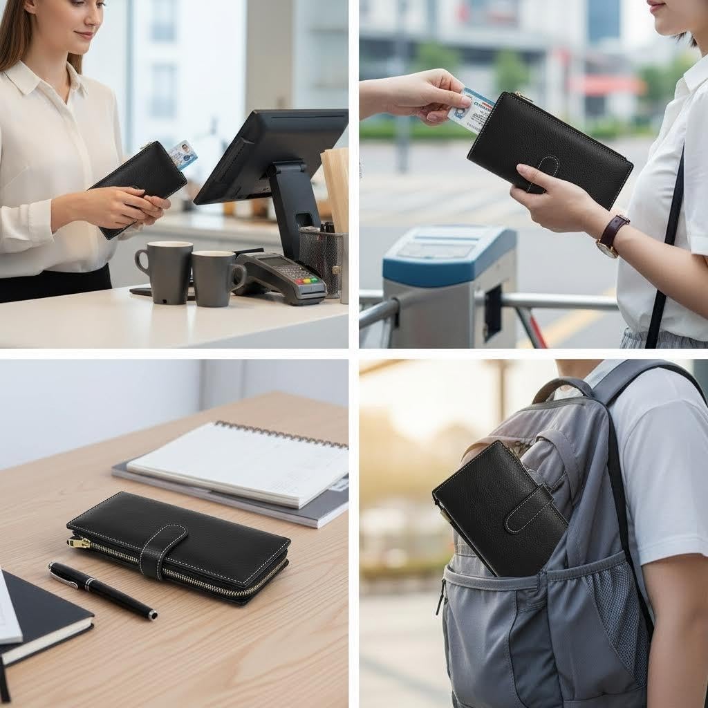 Large Capacity Genuine Leather Wallet for Women RFID Blocking Double Zipper Bifold Wristlet Clutch Black (Black)