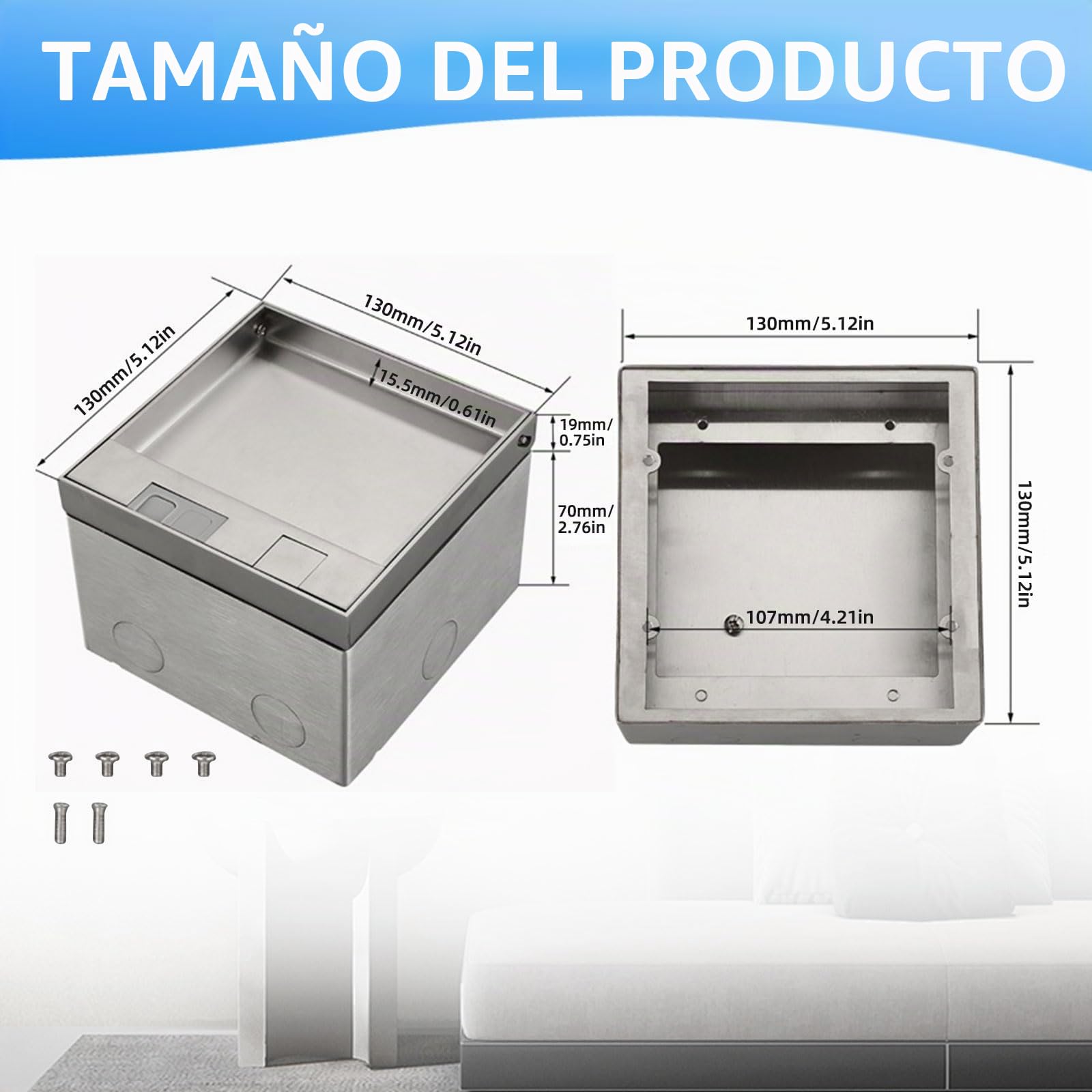 Caja de Cubierta de Salida de Piso,16A AC250V 4000W Caja de Piso eléctrica con Puerto de Cable de Red &Cubierta de Acero Inoxidable para Enchufe de Salida empotrada